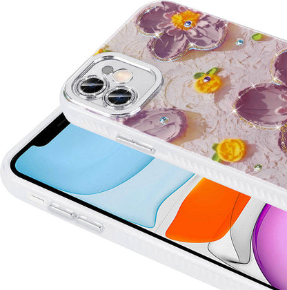 Apple iPhone 11 Kılıf Çiçek Desenli Parlak Taşlı Sert Silikon Mnc Garden Kapak-Pembe Açık