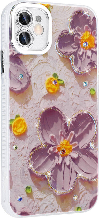Apple iPhone 11 Kılıf Çiçek Desenli Parlak Taşlı Sert Silikon Mnc Garden Kapak-Pembe Açık