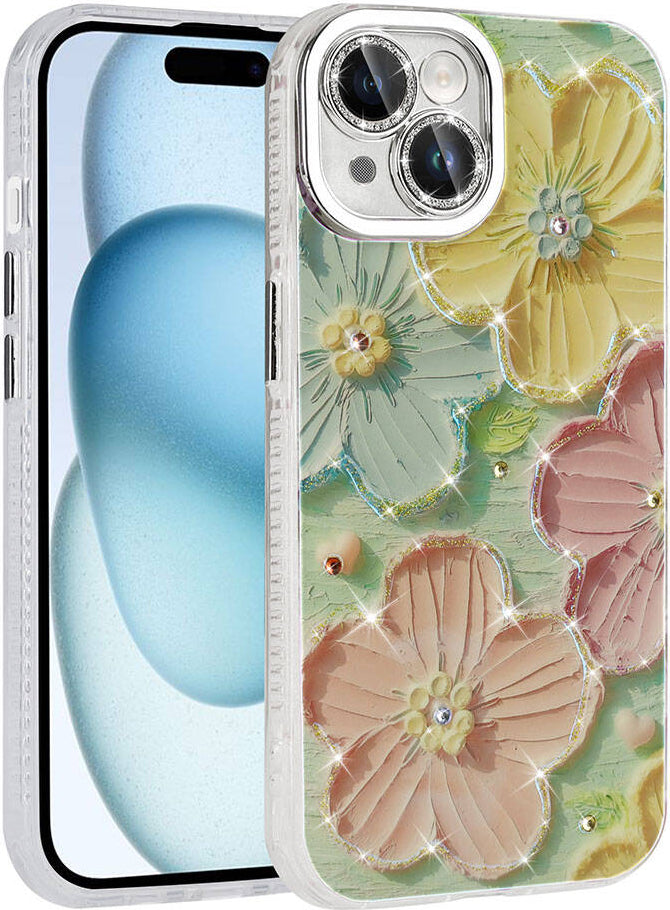 Apple iPhone 15 Kılıf Çiçek Desenli Parlak Taşlı Sert Silikon Mnc Garden Kapak-Colorful