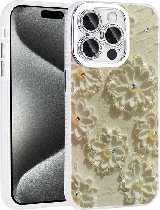 Apple iPhone 14 Pro Max Kılıf Çiçek Desenli Parlak Taşlı Sert Silikon Mnc Garden Kapak-Beyaz