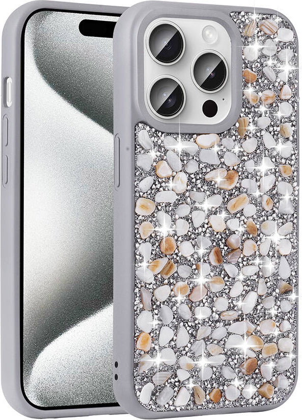 Apple iPhone 15 Pro Kılıf Parlak Taşlı Tasarım Mnc Linea Kapak-Gümüş