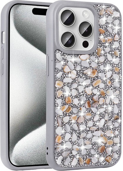 Apple iPhone 15 Pro Kılıf Parlak Taşlı Tasarım Mnc Linea Kapak-Gümüş