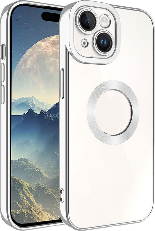 Apple iPhone 15 Kılıf Kamera Korumalı Logo Gösteren Mnc Omega Kapak-Gümüş