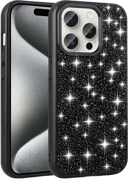 Apple iPhone 15 Pro Kılıf Parlak Taşlı Tasarım Mnc Linea Diamond Kapak-Siyah