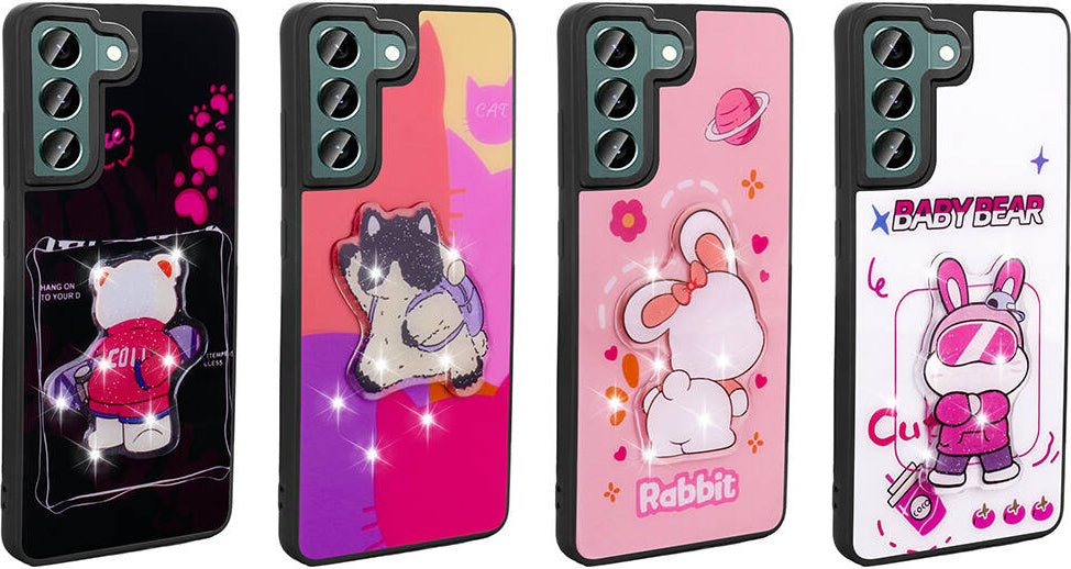 Galaxy S22 Kılıf Parlayan Kabartmalı Ikonik Figürlü Mnc Amas Silikon Kapak-Pembe