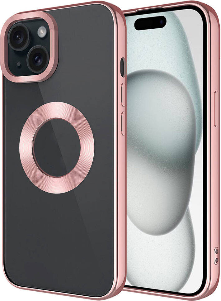 Apple iPhone 15 Kılıf Tek Kamera Çerçeveli Logo Gösteren Mnc Omega Kapak-Rose Gold