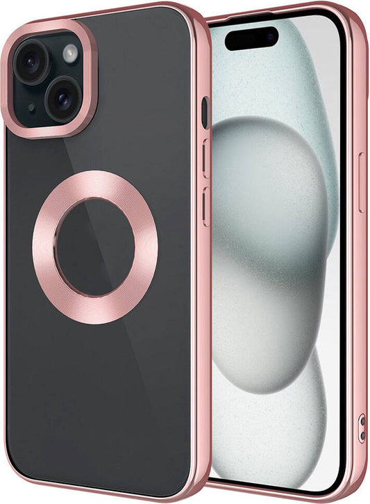 Apple iPhone 15 Kılıf Tek Kamera Çerçeveli Logo Gösteren Mnc Omega Kapak-Rose Gold