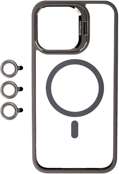 Apple iPhone 15 Pro Max Kılıf Magsafe Wireless Şarj Özellikli Standlı Mnc Magsafe Klon Lensli Kapak-Gri