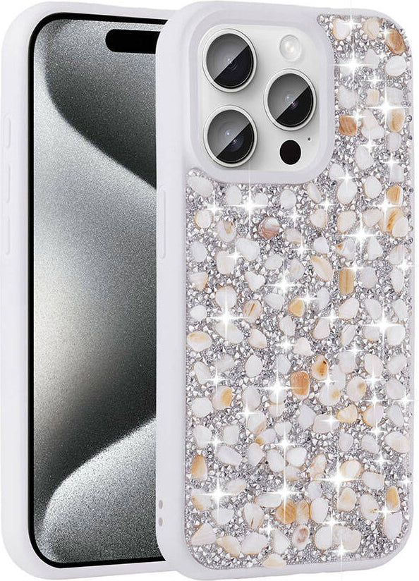Apple iPhone 15 Pro Kılıf Parlak Taşlı Tasarım Mnc Linea Diamond Kapak-Beyaz