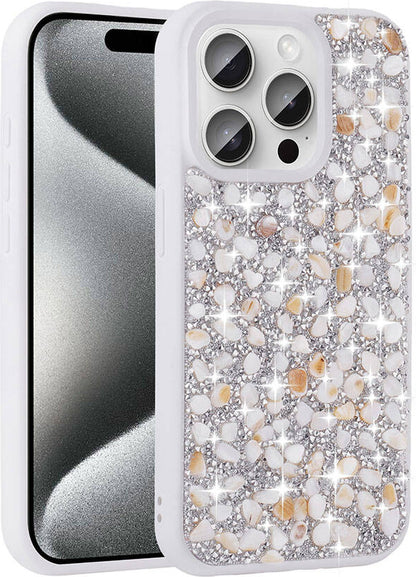Apple iPhone 15 Pro Kılıf Parlak Taşlı Tasarım Mnc Linea Diamond Kapak-Beyaz
