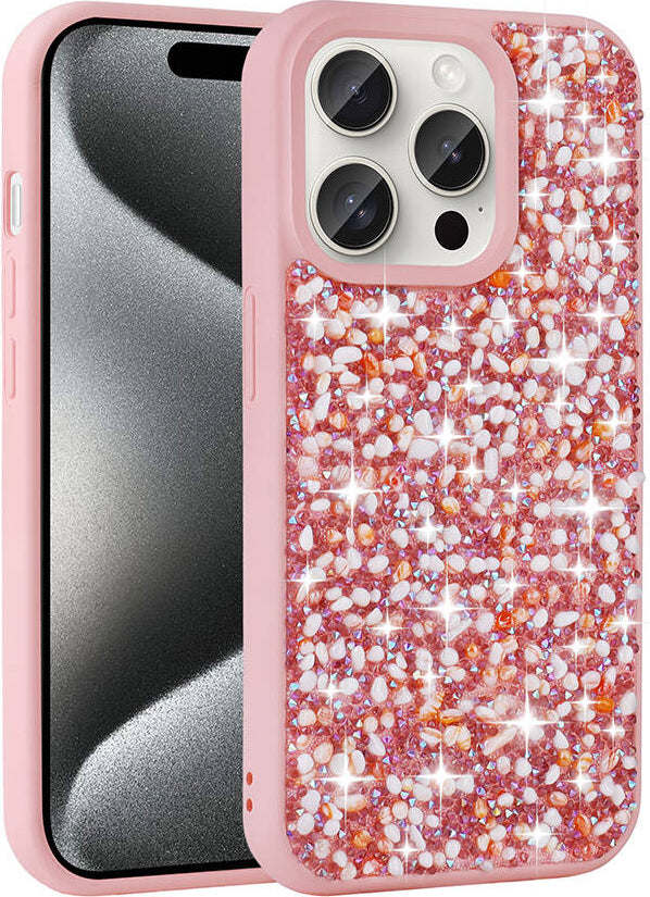 Apple iPhone 15 Pro Max Kılıf Parlak Taşlı Tasarım Mnc Linea Kapak-Pembe