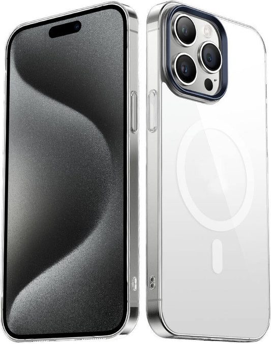 Apple iPhone 15 Pro Kılıf Mnc Wireless Şarj Özellikli Şeffaf G-Glass Kapak-Lacivert