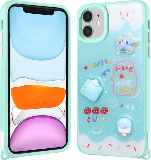 Apple iPhone 11 Kılıf Parlayan Sıvılı Simli Kabartma Figürlü Mnc Cevze Kapak-Yeşil