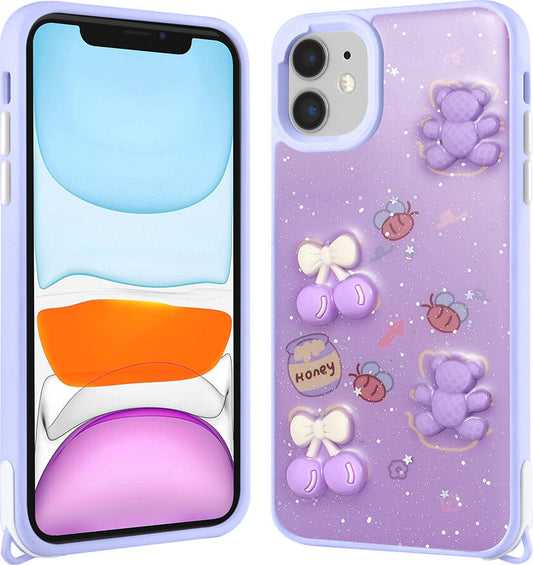 Apple iPhone 11 Kılıf Parlayan Sıvılı Simli Kabartma Figürlü Mnc Cevze Kapak-Mor Ayı