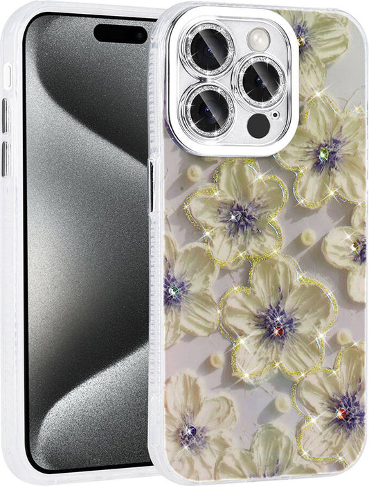 Apple iPhone 14 Pro Max Kılıf Çiçek Desenli Parlak Taşlı Sert Silikon Mnc Garden Kapak-Mavi