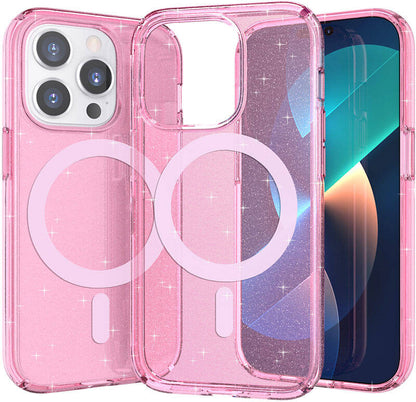Apple iPhone 14 Pro Max Kılıf Magsafe Şarj Özellikli Parlayan Simli Saydam Renkli Mnc Allstar Kapak-Pembe