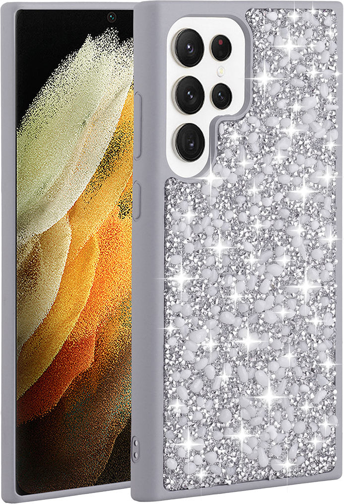 Galaxy S23 Ultra Kılıf Parlak Taşlı Tasarım Mnc Linea Kapak-Gümüş