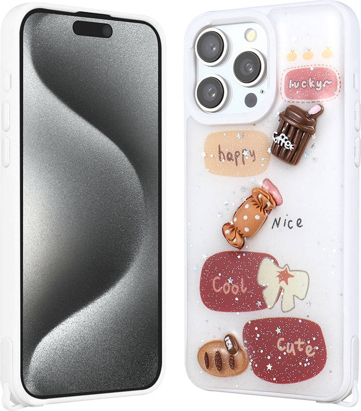 Apple iPhone 15 Pro Max Kılıf Parlayan Sıvılı Simli Kabartma Figürlü Mnc Cevze Kapak-Beyaz