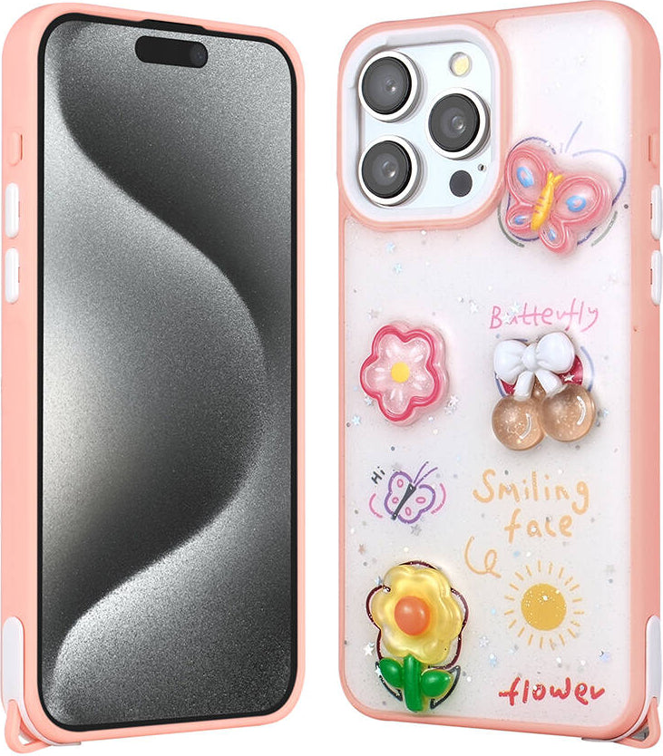 Apple iPhone 15 Pro Max Kılıf Parlayan Sıvılı Simli Kabartma Figürlü Mnc Cevze Kapak-Pembe