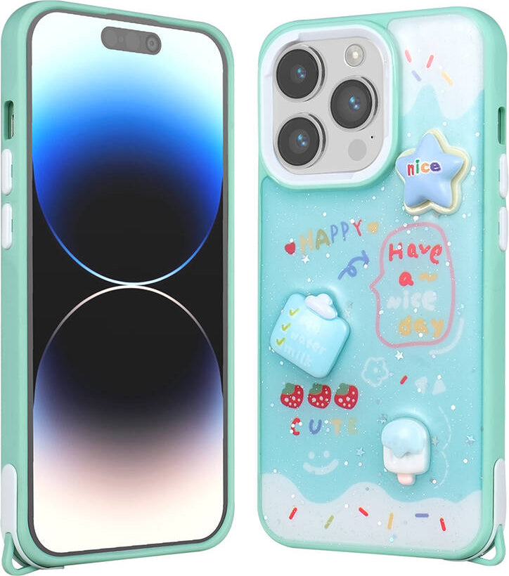 Apple iPhone 14 Pro Max Kılıf Parlayan Sıvılı Simli Kabartma Figürlü Mnc Cevze Kapak-Yeşil