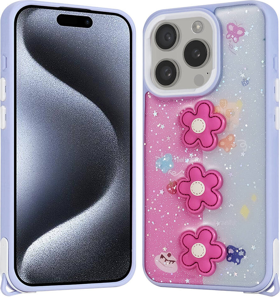 Apple iPhone 15 Pro Kılıf Parlayan Sıvılı Simli Kabartma Figürlü Mnc Cevze Kapak-Mor Papatya