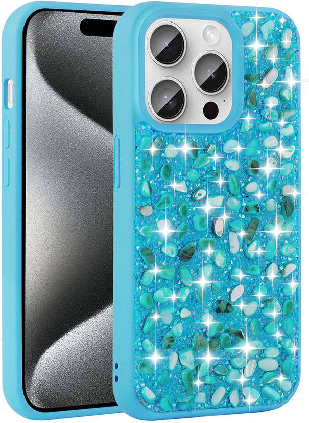 Apple iPhone 15 Pro Kılıf Parlak Taşlı Tasarım Mnc Linea Diamond Kapak-Mavi Açık