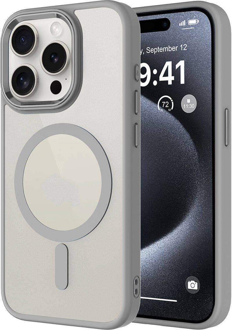 Apple iPhone 15 Pro Max Kılıf Wireless Şarj Özellikli Mnc Krom Magsafe Silikon Kapak-Gri