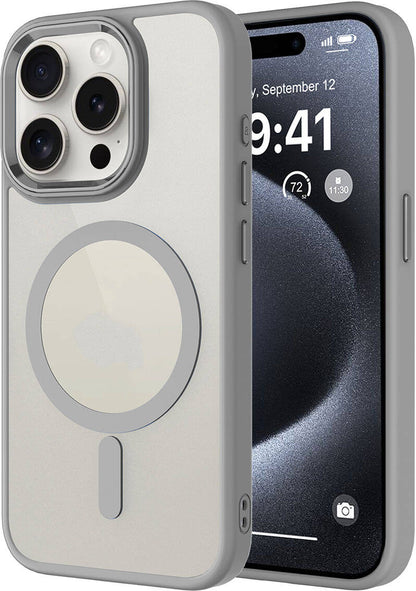 Apple iPhone 15 Pro Max Kılıf Wireless Şarj Özellikli Mnc Krom Magsafe Silikon Kapak-Gri