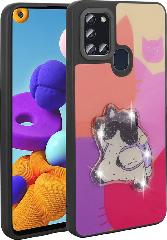 Galaxy A21S Kılıf Parlayan Kabartmalı Ikonik Figürlü Mnc Amas Silikon Kapak-Mor