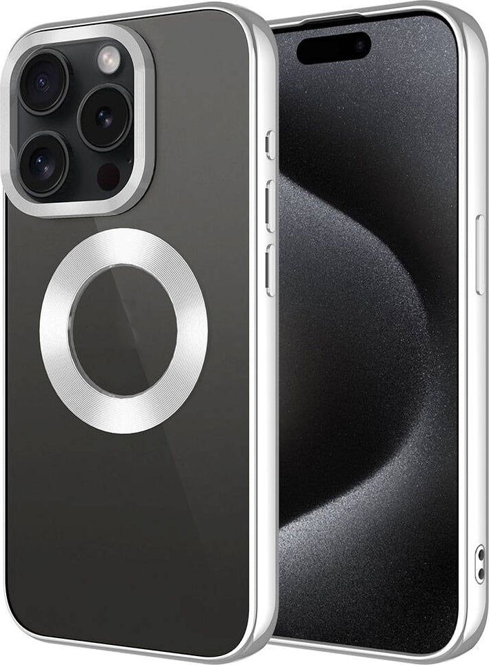 Apple iPhone 15 Pro Max Kılıf Tek Kamera Çerçeveli Logo Gösteren Mnc Omega Kapak-Gümüş