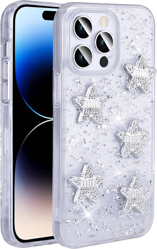 Apple iPhone 14 Pro Max Kılıf Airbagli Simli Arka Yüzey Mnc Işıltı Silikon Kapak-Beyaz-Yıldız