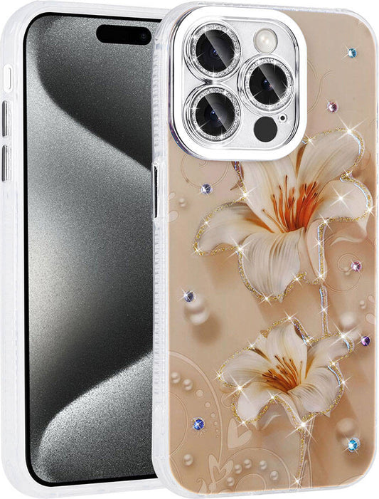 Apple iPhone 14 Pro Max Kılıf Çiçek Desenli Parlak Taşlı Sert Silikon Mnc Garden Kapak-Pembe Açık