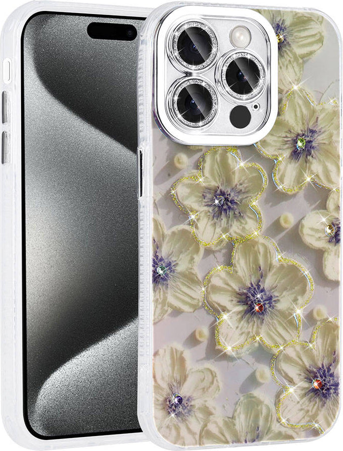 Apple iPhone 15 Pro Kılıf Çiçek Desenli Parlak Taşlı Sert Silikon Mnc Garden Kapak-Mavi