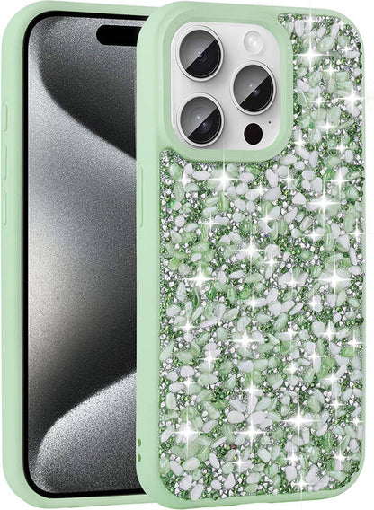 Apple iPhone 15 Pro Kılıf Parlak Taşlı Tasarım Mnc Linea Kapak-Açık Yeşil