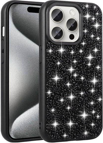 Apple iPhone 15 Pro Max Kılıf Parlak Taşlı Tasarım Mnc Linea Kapak-Siyah