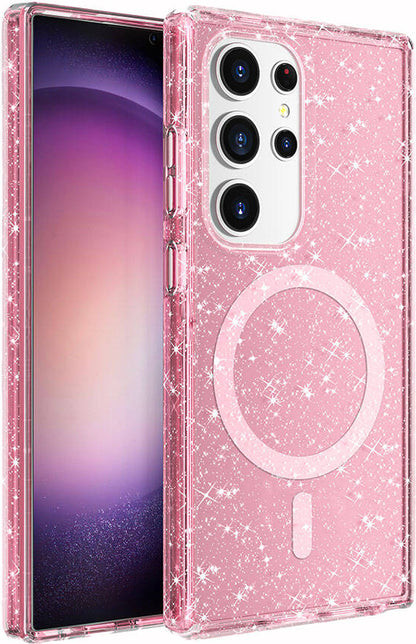 Galaxy S24 Ultra Kılıf Magsafe Şarj Özellikli Parlayan Simli Saydam Renkli Mnc Allstar Kapak-Pembe