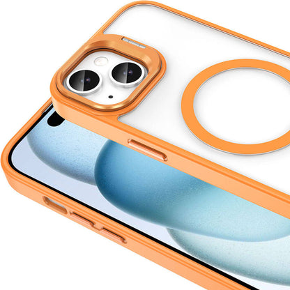 Apple iPhone 14 Kılıf Magsafe Şarj Özellikli Standlı Mnc Magsafe Klon Lensli Kapak-Turuncu
