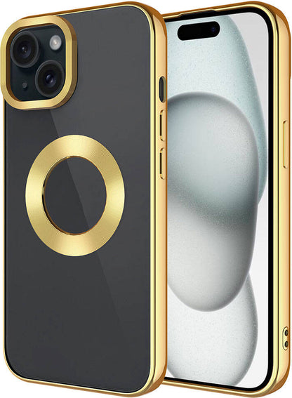 Apple iPhone 15 Kılıf Tek Kamera Çerçeveli Logo Gösteren Mnc Omega Kapak-Gold