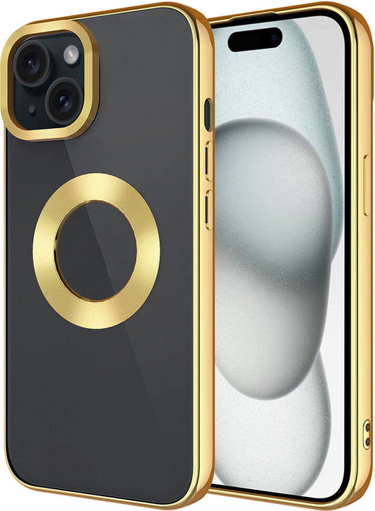 Apple iPhone 15 Kılıf Tek Kamera Çerçeveli Logo Gösteren Mnc Omega Kapak-Gold