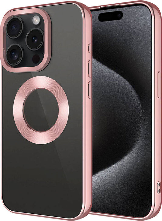 Apple iPhone 15 Pro Kılıf Tek Kamera Çerçeveli Logo Gösteren Mnc Omega Kapak-Rose Gold