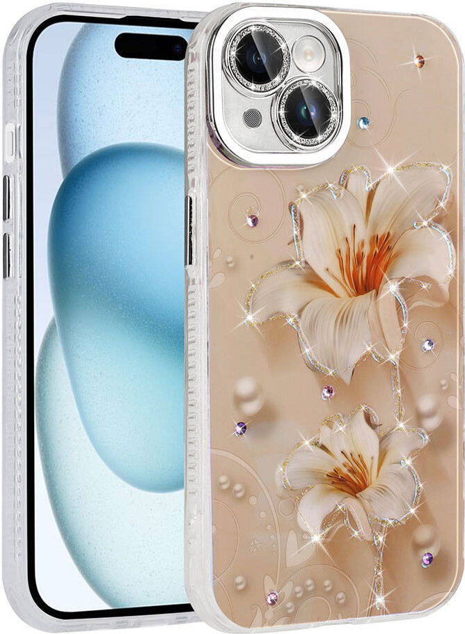 Apple iPhone 15 Kılıf Çiçek Desenli Parlak Taşlı Sert Silikon Mnc Garden Kapak-Pembe Açık