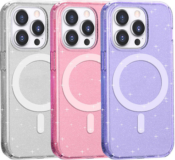 Apple iPhone 14 Pro Max Kılıf Magsafe Şarj Özellikli Parlayan Simli Saydam Renkli Mnc Allstar Kapak-Mor