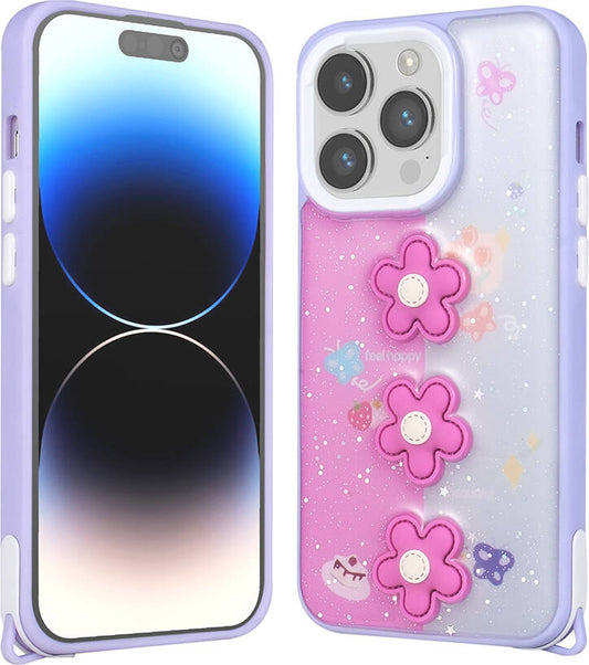 Apple iPhone 14 Pro Kılıf Parlayan Sıvılı Simli Kabartma Figürlü Mnc Cevze Kapak-Mor Papatya
