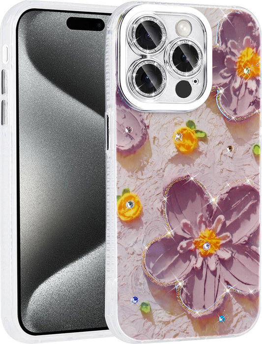Apple iPhone 14 Pro Max Kılıf Çiçek Desenli Parlak Taşlı Sert Silikon Mnc Garden Kapak-Mor