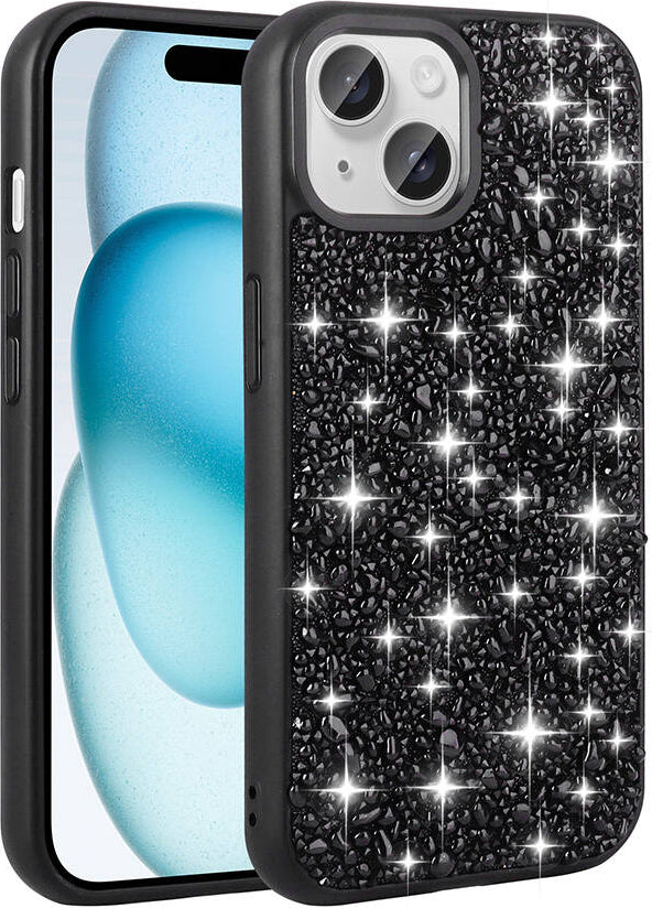 Apple iPhone 15 Kılıf Parlak Taşlı Tasarım Mnc Linea Kapak-Siyah