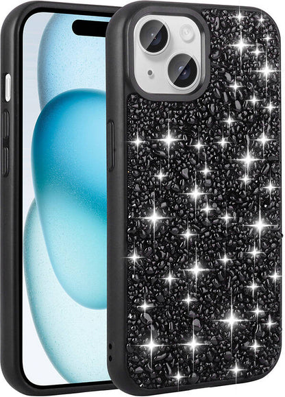 Apple iPhone 15 Kılıf Parlak Taşlı Tasarım Mnc Linea Kapak-Siyah