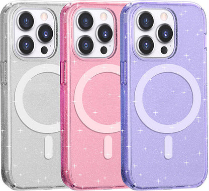 Apple iPhone 14 Pro Kılıf Magsafe Şarj Özellikli Parlayan Simli Saydam Renkli Mnc Allstar Kapak-Pembe