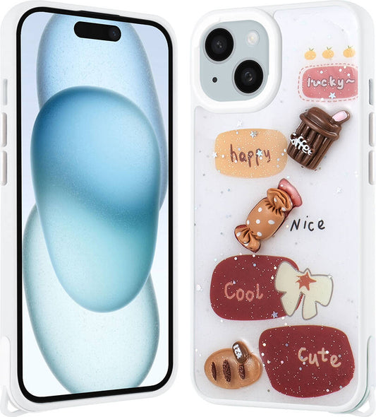 Apple iPhone 14 Plus Kılıf Parlayan Sıvılı Simli Kabartma Figürlü Mnc Cevze Kapak-Beyaz