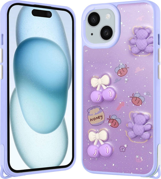 Apple iPhone 13 Kılıf Parlayan Sıvılı Simli Kabartma Figürlü Mnc Cevze Kapak-Mor Ayı