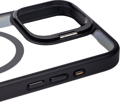 Apple iPhone 15 Pro Kılıf Magsafe Wireless Şarj Özellikli Standlı Mnc Magsafe Klon Lensli Kapak-Gri